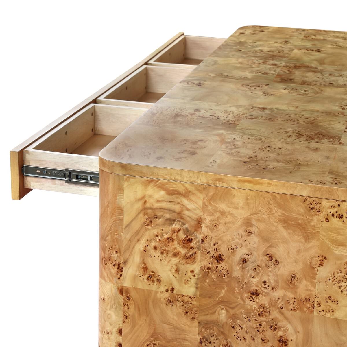 Close up of Four Hands Mullins Desk in Natural Mappa Burl on a white background at Addison West