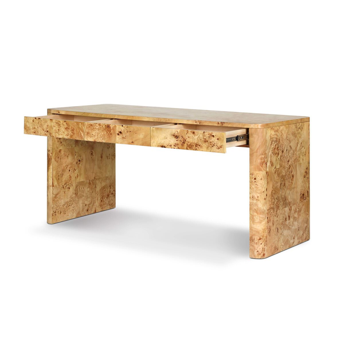 Four Hands Mullins Desk in Natural Mappa Burl on a white background at Addison West