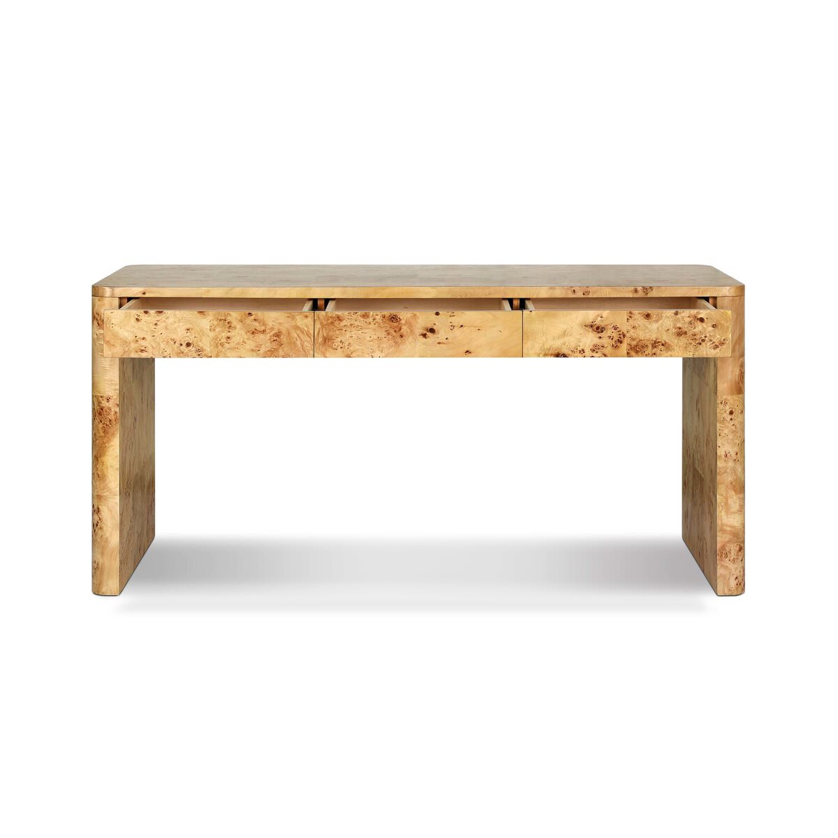Four Hands Mullins Desk in Natural Mappa Burl on a white background at Addison West