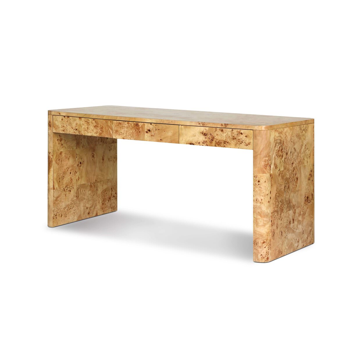 Four Hands Mullins Desk in Natural Mappa Burl on a white background at Addison West
