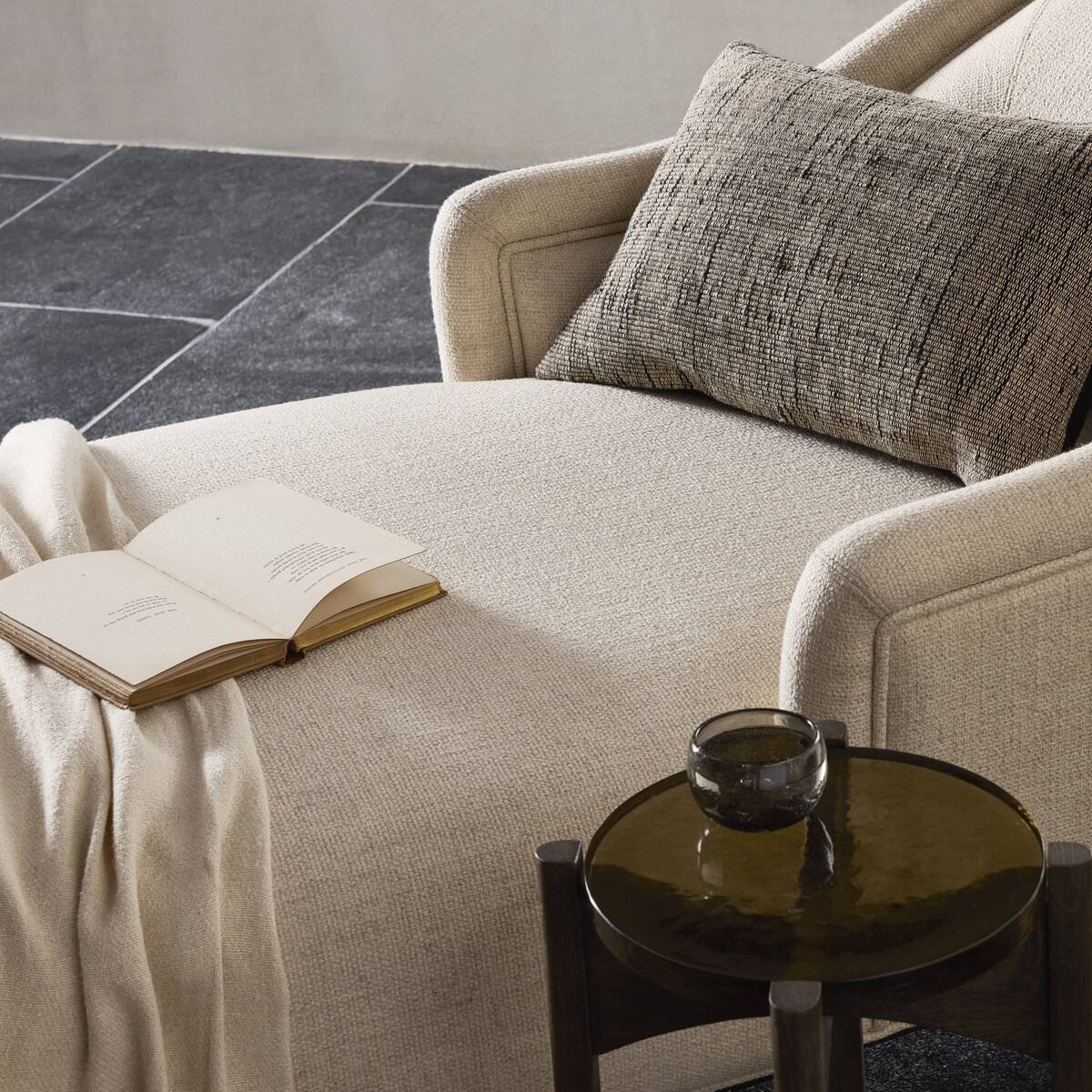 Close up of Four Hands Noel Chaise in Thames Cream in a living room at Addison West