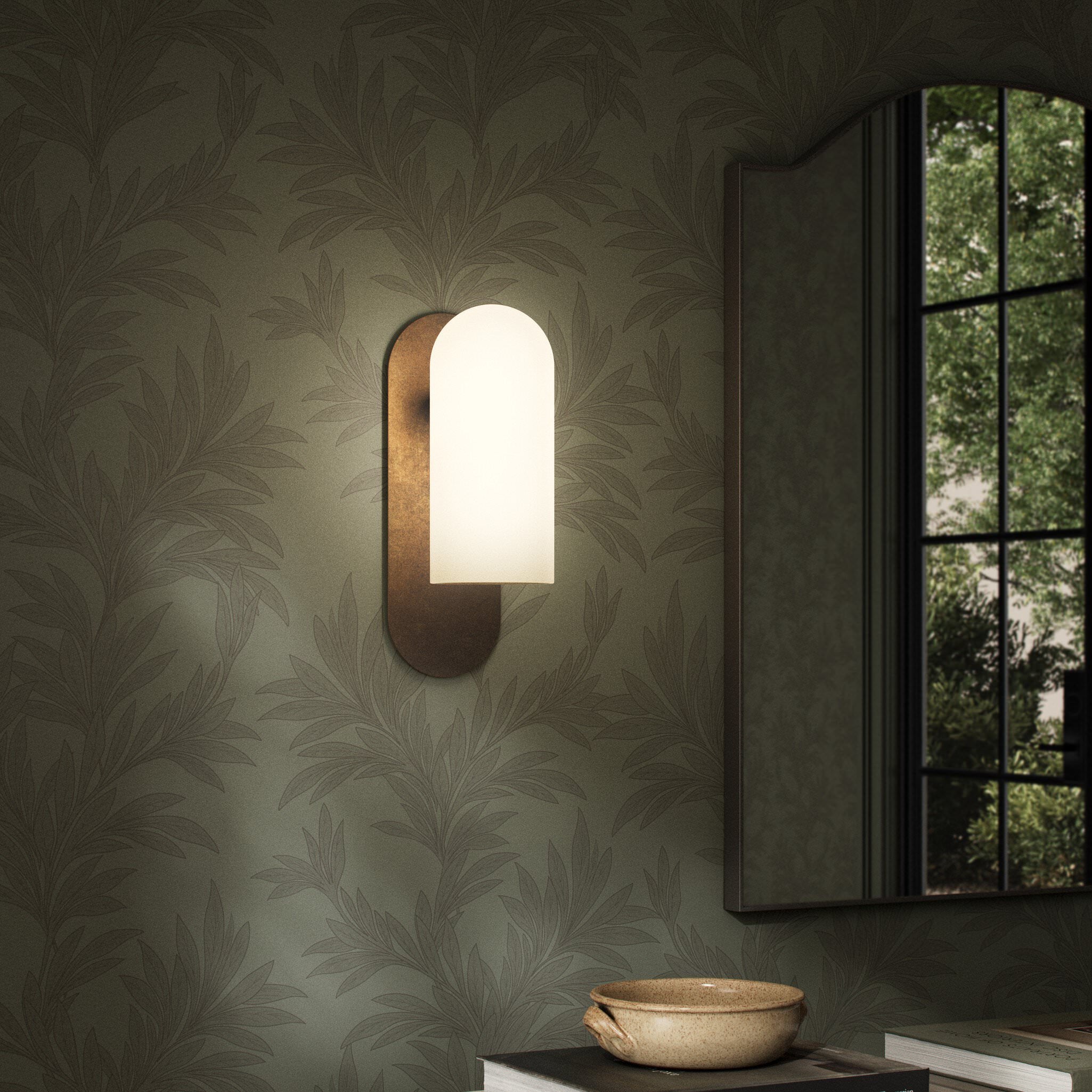 Four Hands Odyssey Sconce in Heritage Bronze Brass with Opal Matte Glass in living room at Addison West.