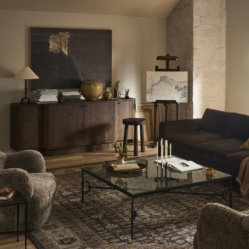 Four Hands Prato Hand Knotted Rug in Prato Espresso, 9'x12' in a living room at Addison West