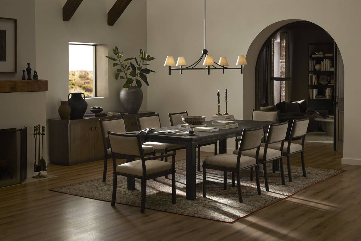 Four Hands Prato Hand Knotted Rug in Prato in a dark neutral dining room at Addison West