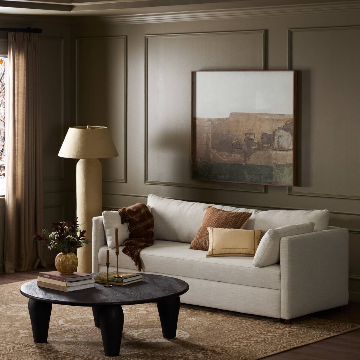 Four Hands Queen Lincoln Sleeper Sofa in Savoy Parchment in a living room at Addison West