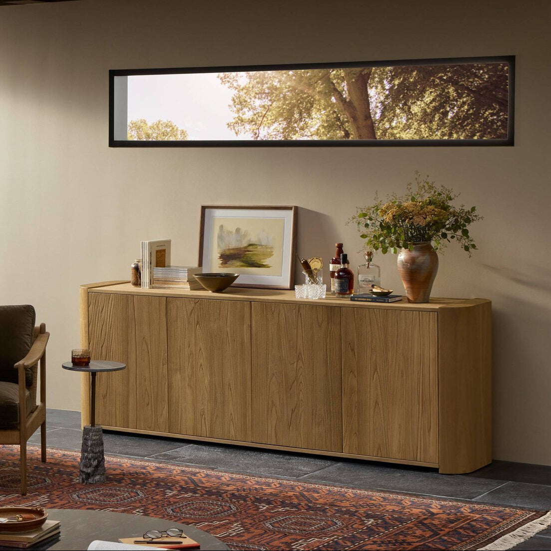 Four Hands Radius Sideboard in Light Blonde Sungkai Veneer in a living room at Addison West