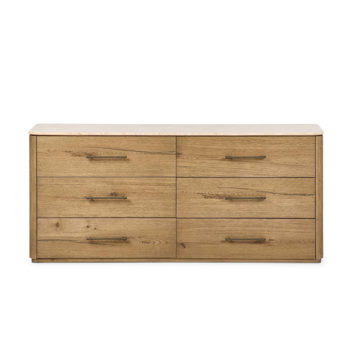 Four Hands Raleigh 6 Drawer Dresser in Worn Oak Veneer on a white background at Addison West