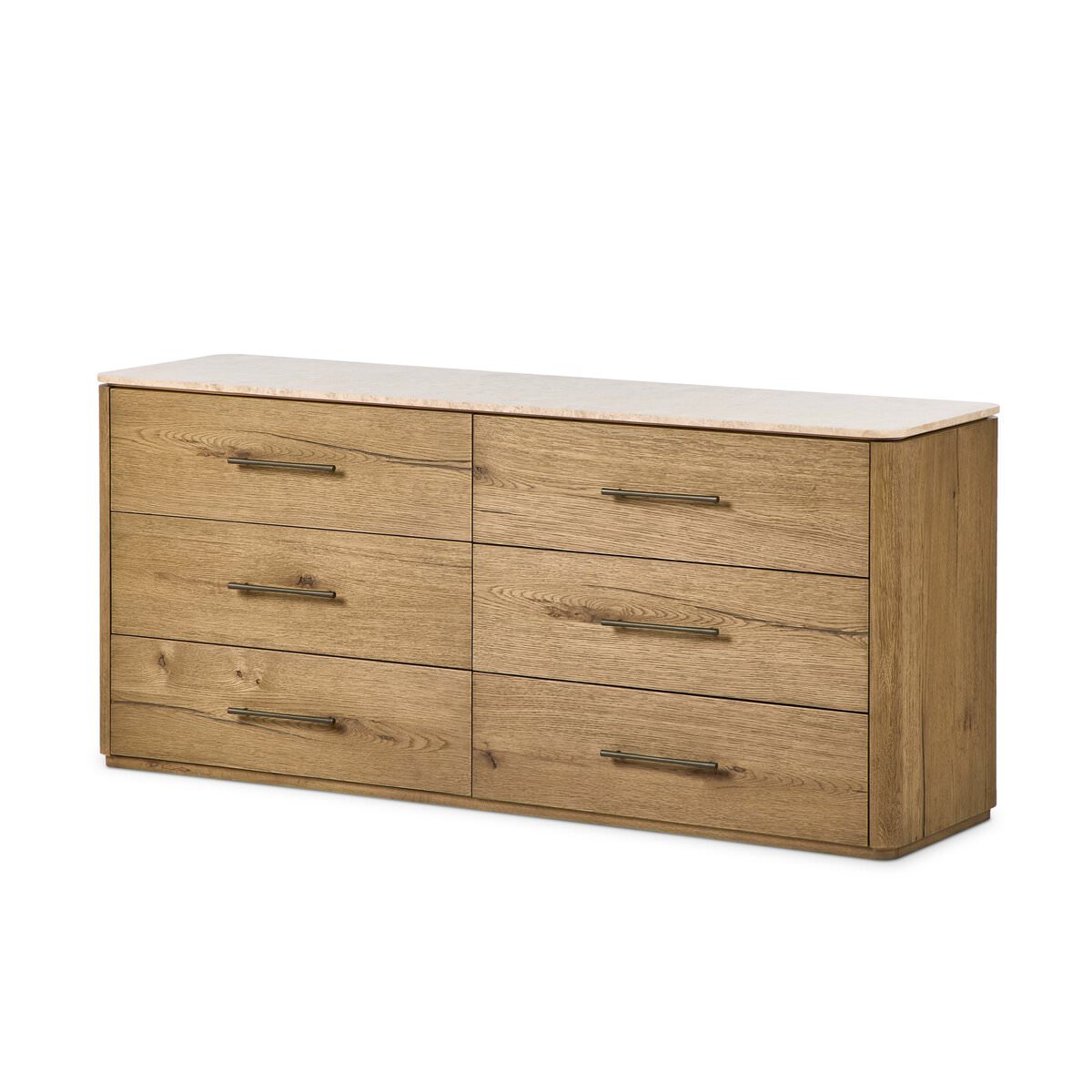 Four Hands Raleigh 6 Drawer Dresser in Worn Oak Veneer on a white background at Addison West