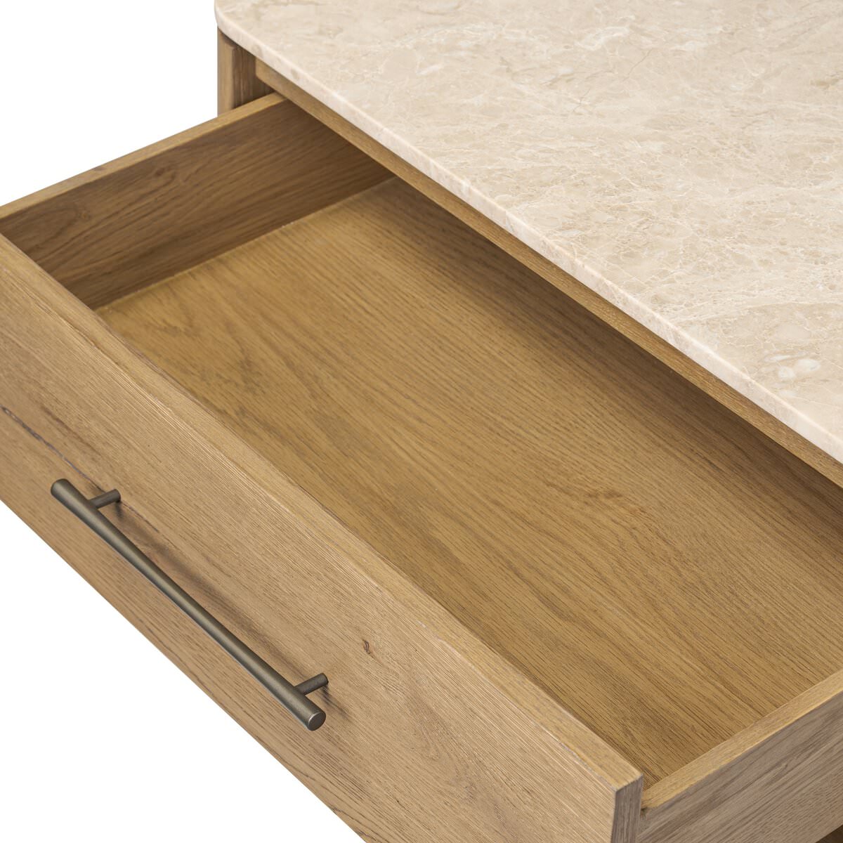 Close up of Four Hands Raleigh Nightstand in Cappuccino Marble on a white background at Addison West