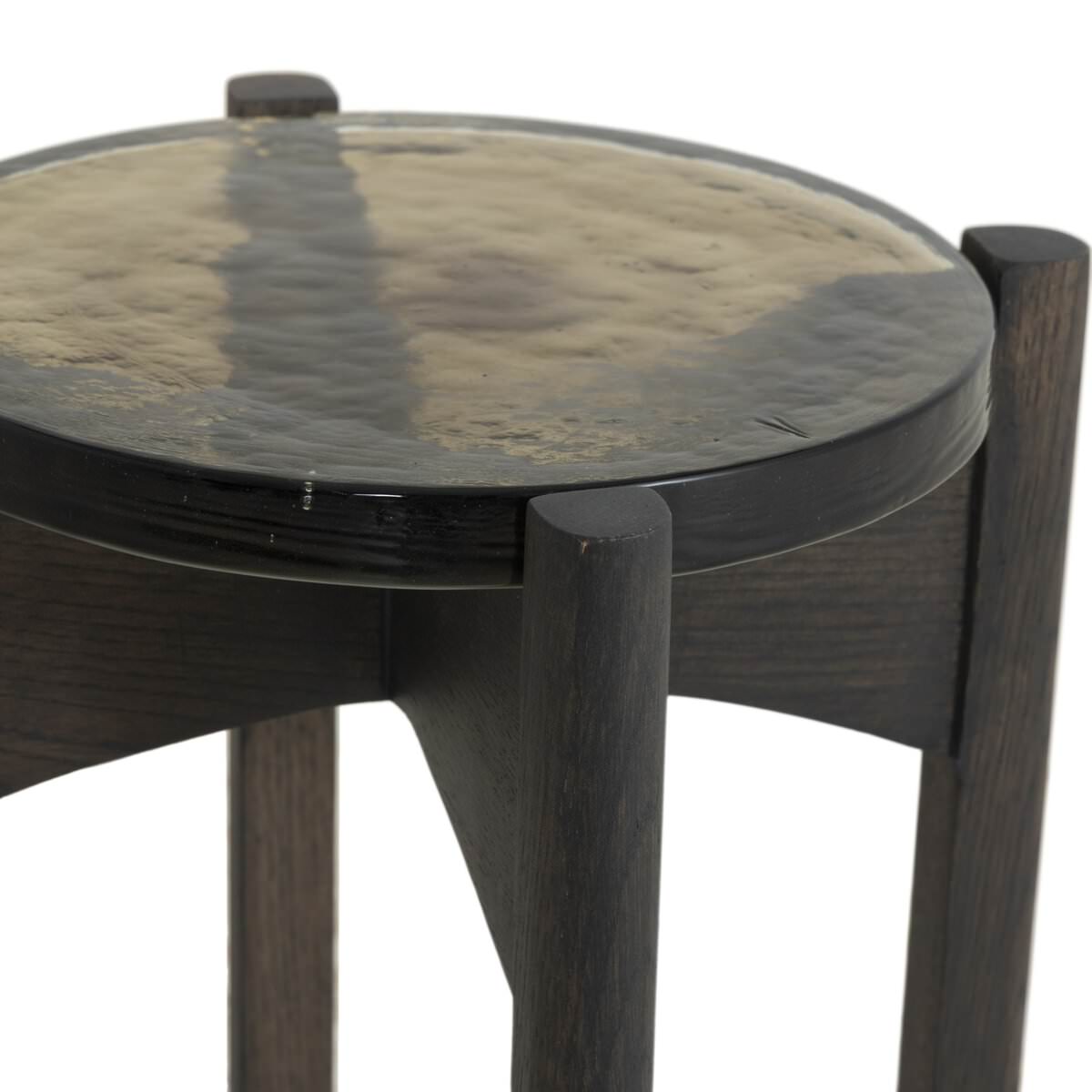 Close up of Four Hands Relo End Table in Olive Cast Glass on a white background at Addison West