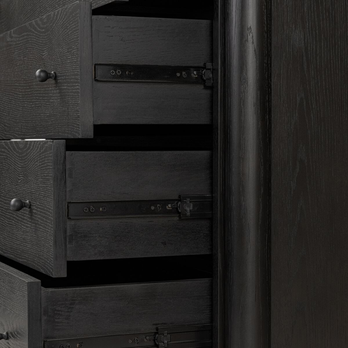 Close up of Four Hands Roark Tall Dresser in Ebony Oak Veneer  at Addison West