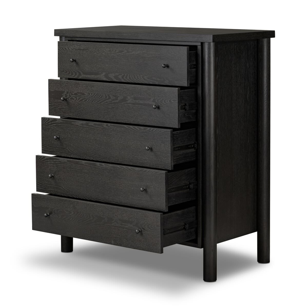Four Hands Roark Tall Dresser in Ebony Oak Veneer on a white background at Addison West