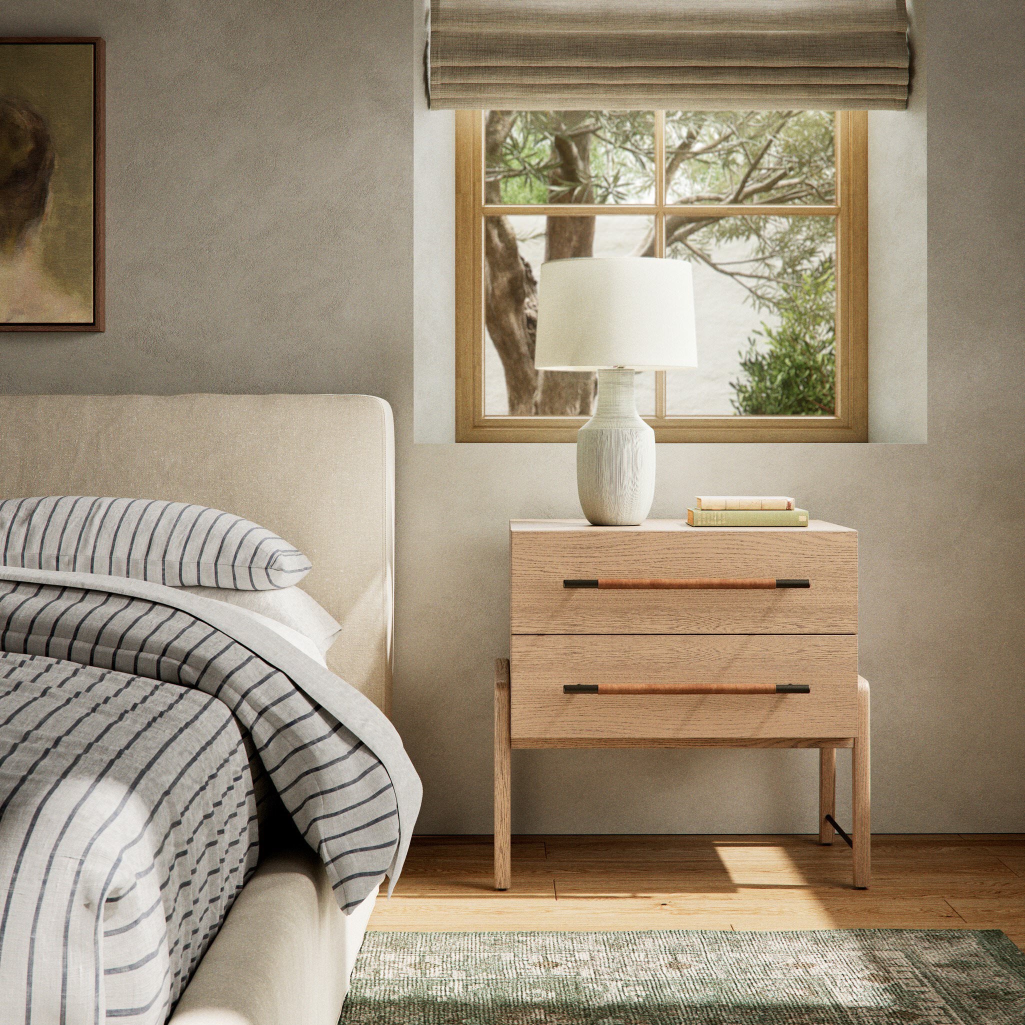 Four Hands Rosedale Nightstand in Yucca Oak Veneer in bedroom at Addison West.