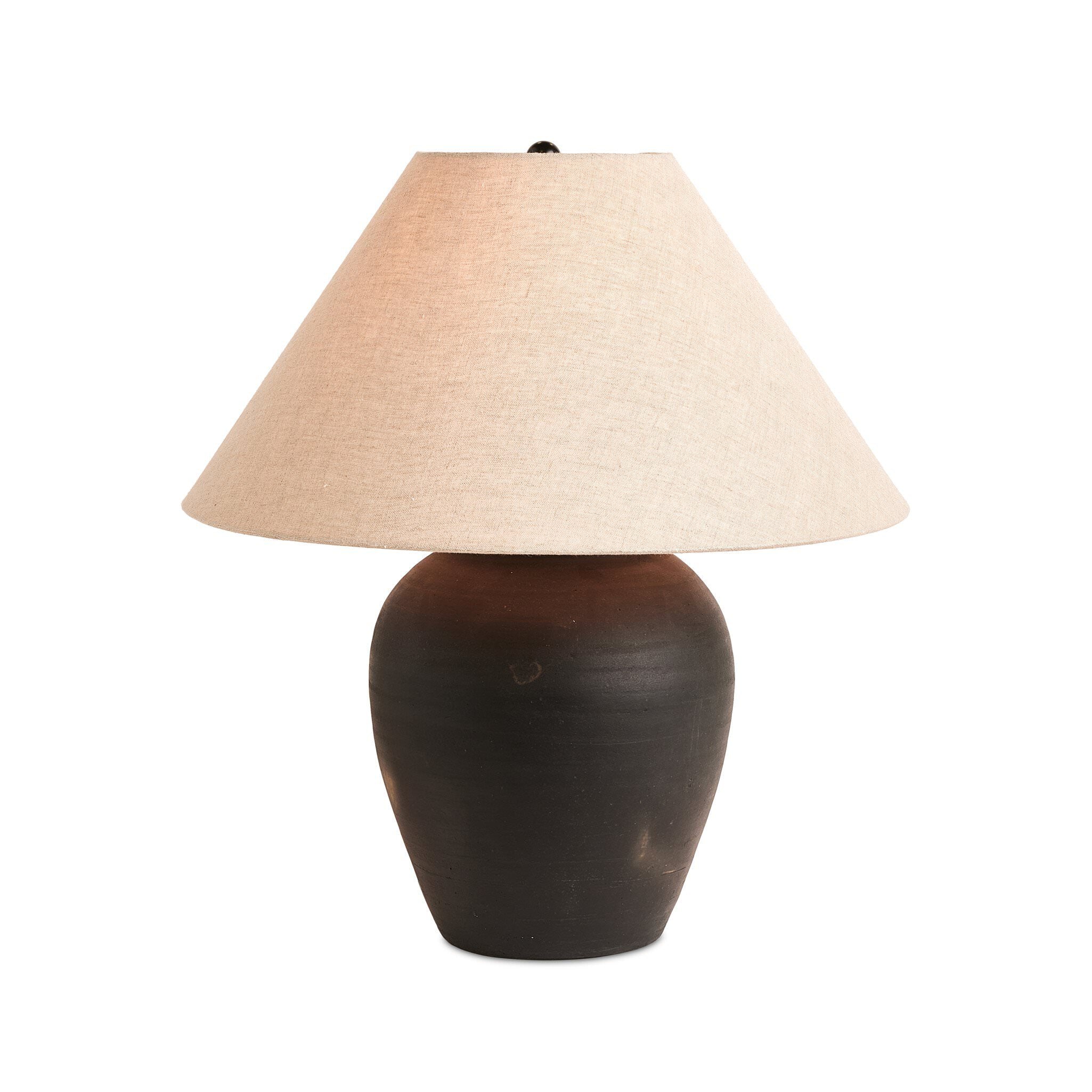 Four Hands Russo Table Lamp in Aged Black Terracotta on a white background at Addison West