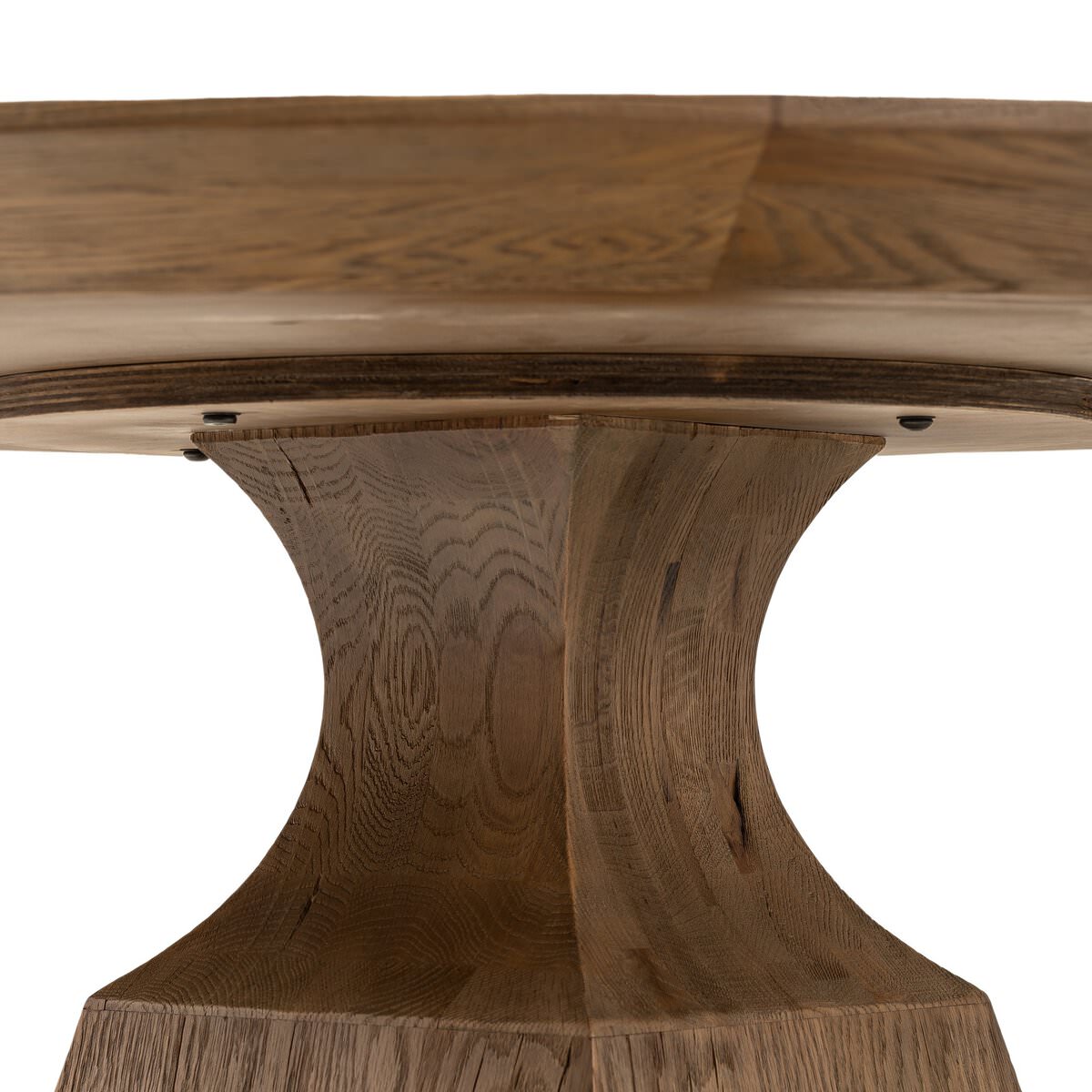 Close up of Four Hands Sargon Dining Table in Honed White Marble on a white background at Addison West