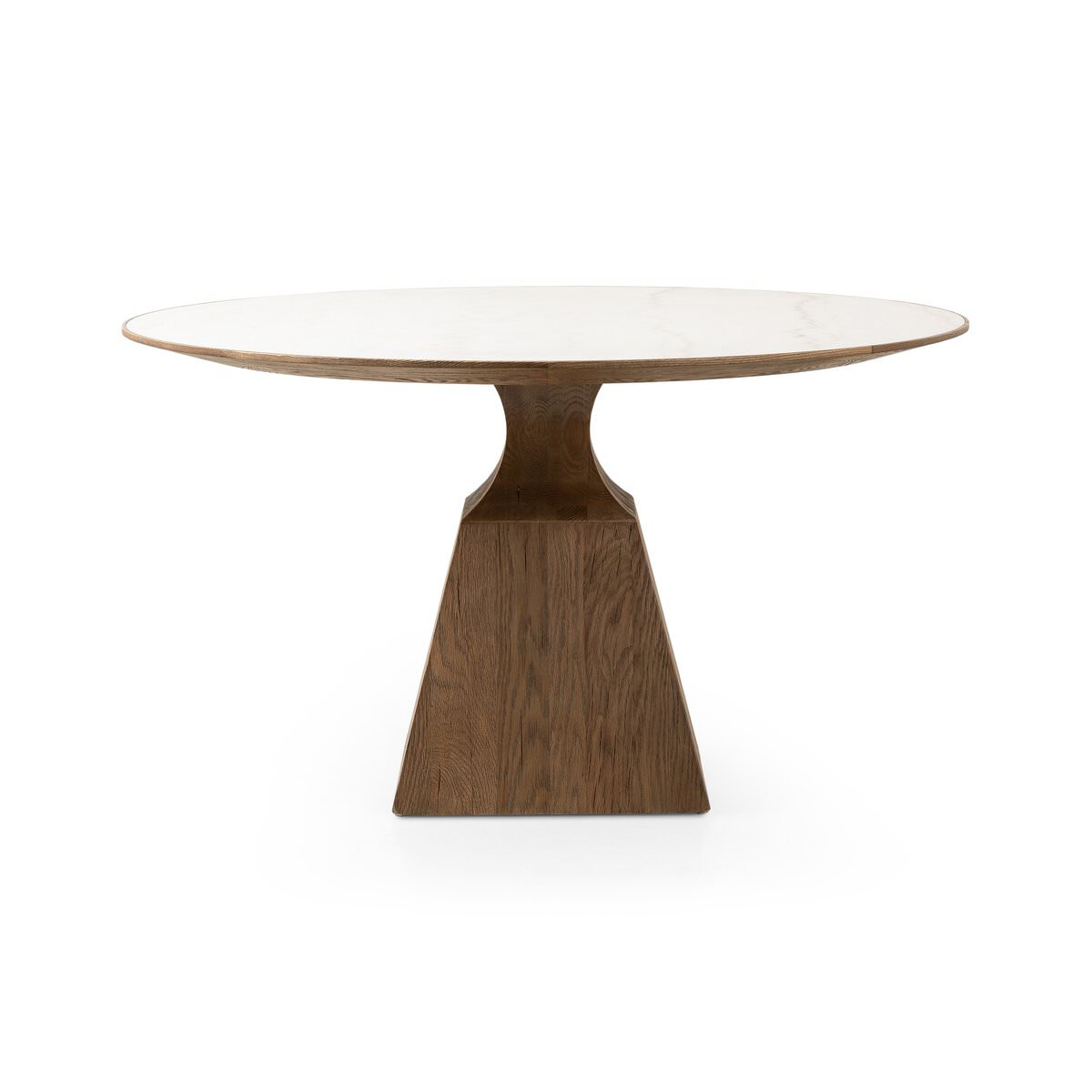 Four Hands Sargon Dining Table in Honed White Marble on a white background at Addison West