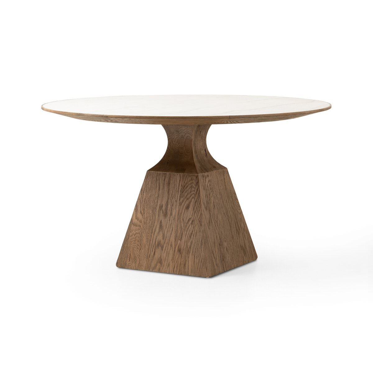 Four Hands Sargon Dining Table in Honed White Marble on a white background at Addison West