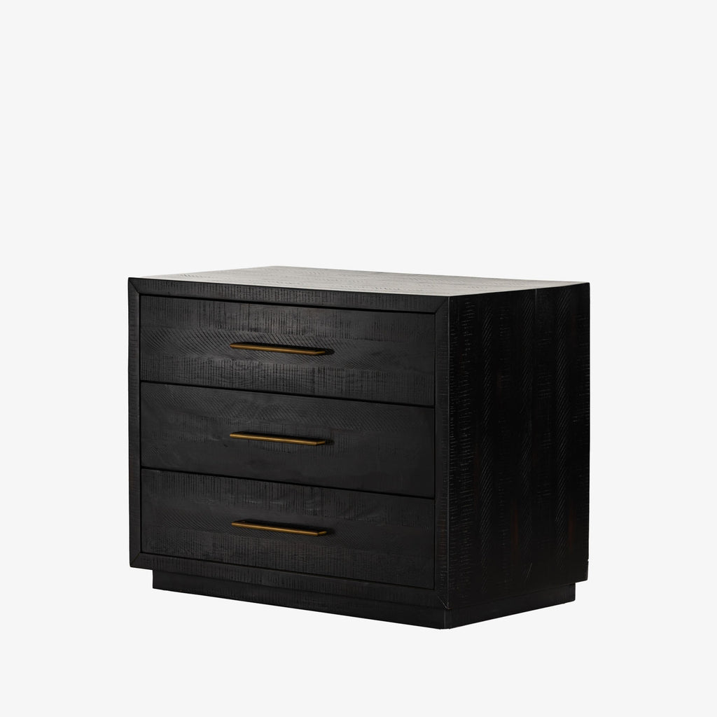 Black Suki nightstand with 3 drawers and brass hardware made by Four Hands Furniture on a white background