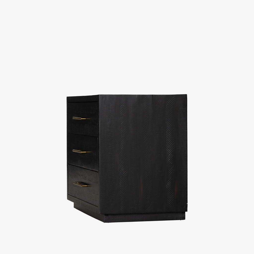 Black Suki nightstand with 3 drawers and brass hardware made by Four Hands Furniture on a white background