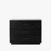 Black Suki nightstand with 3 drawers and brass hardware made by Four Hands Furniture on a white background