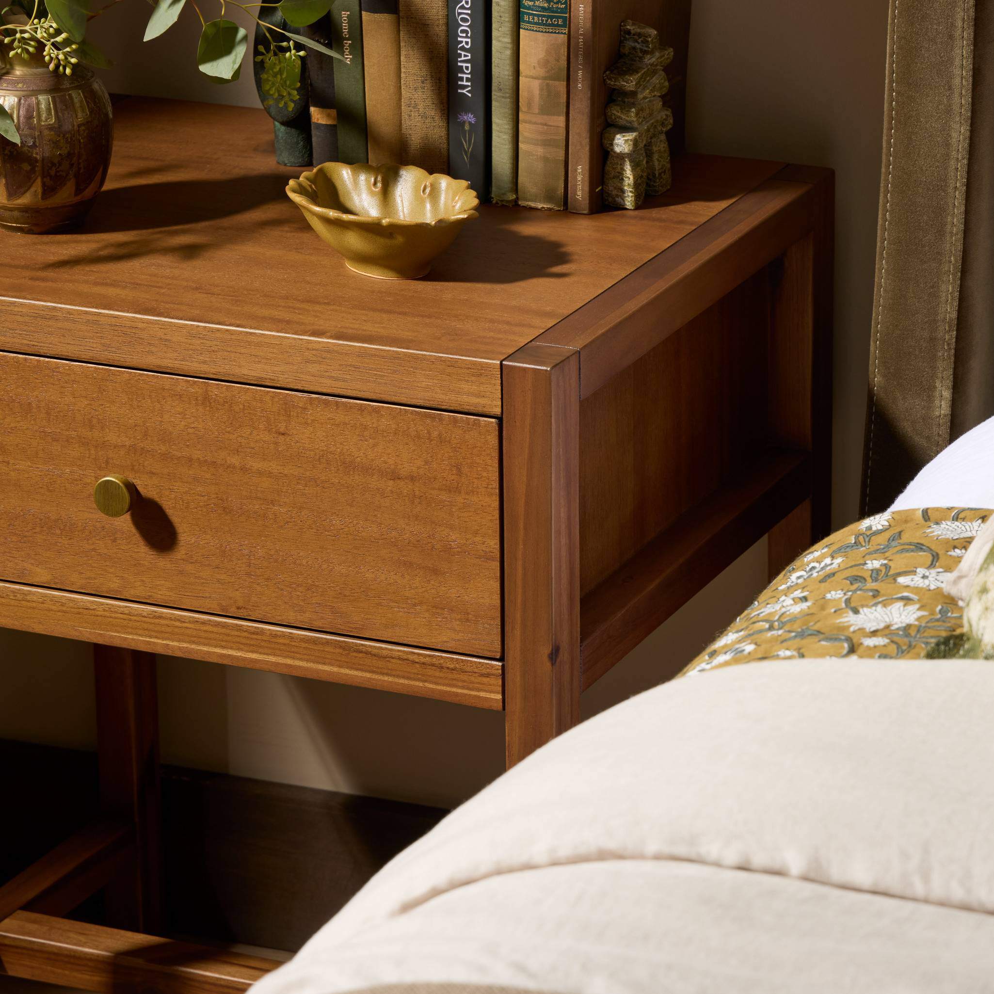 Four Hands Sullivan Small Nightstand in Saddle Tan Veneer in bedroom at Addison West.