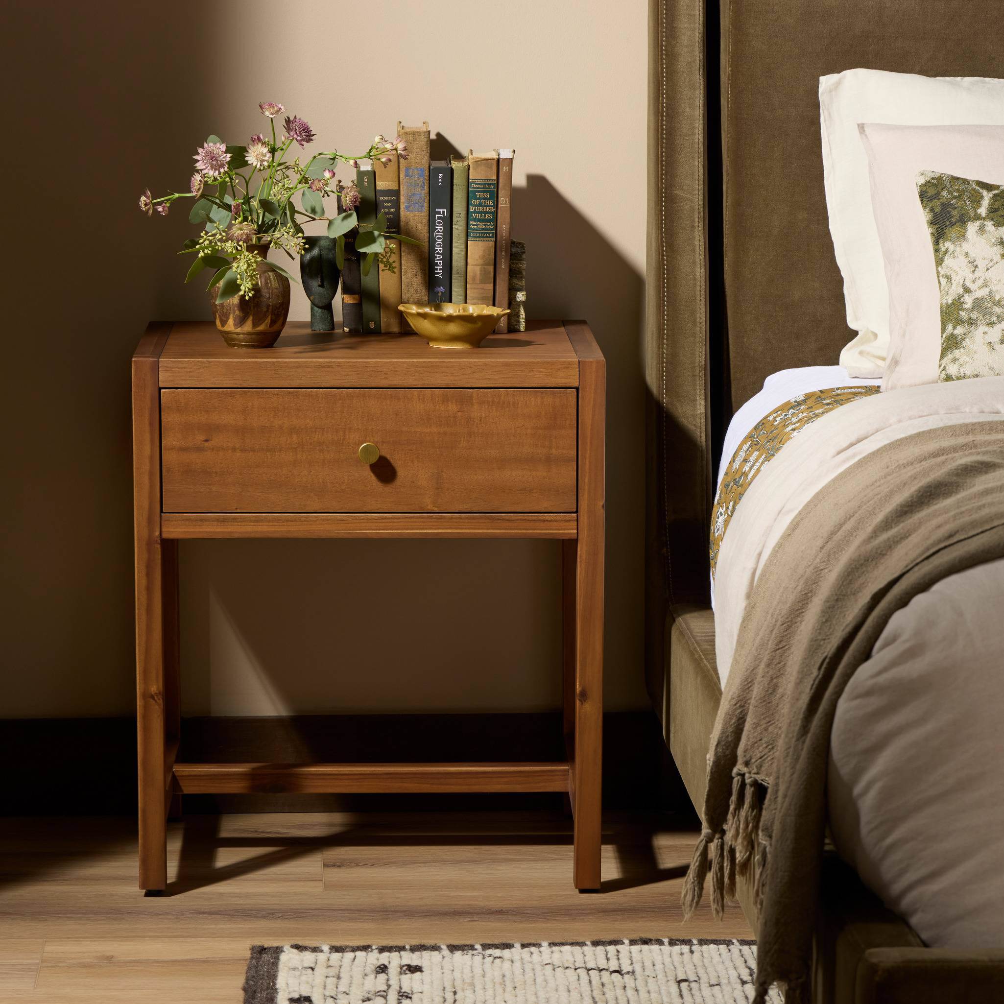 Four Hands Sullivan Small Nightstand in Saddle Tan Veneer in bedroom at Addison West.