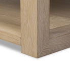 Close up of Four Hands Thomas Square Coffee Table in Bleached Oak Veneer on a white background at Addison West