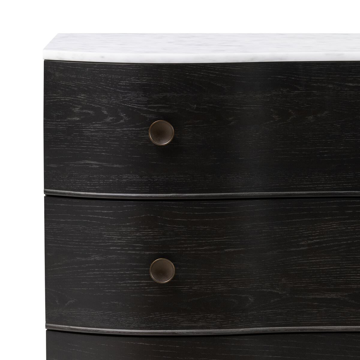 Close up of Four Hands Tiago Marble Chest in Distressed Black on a white background