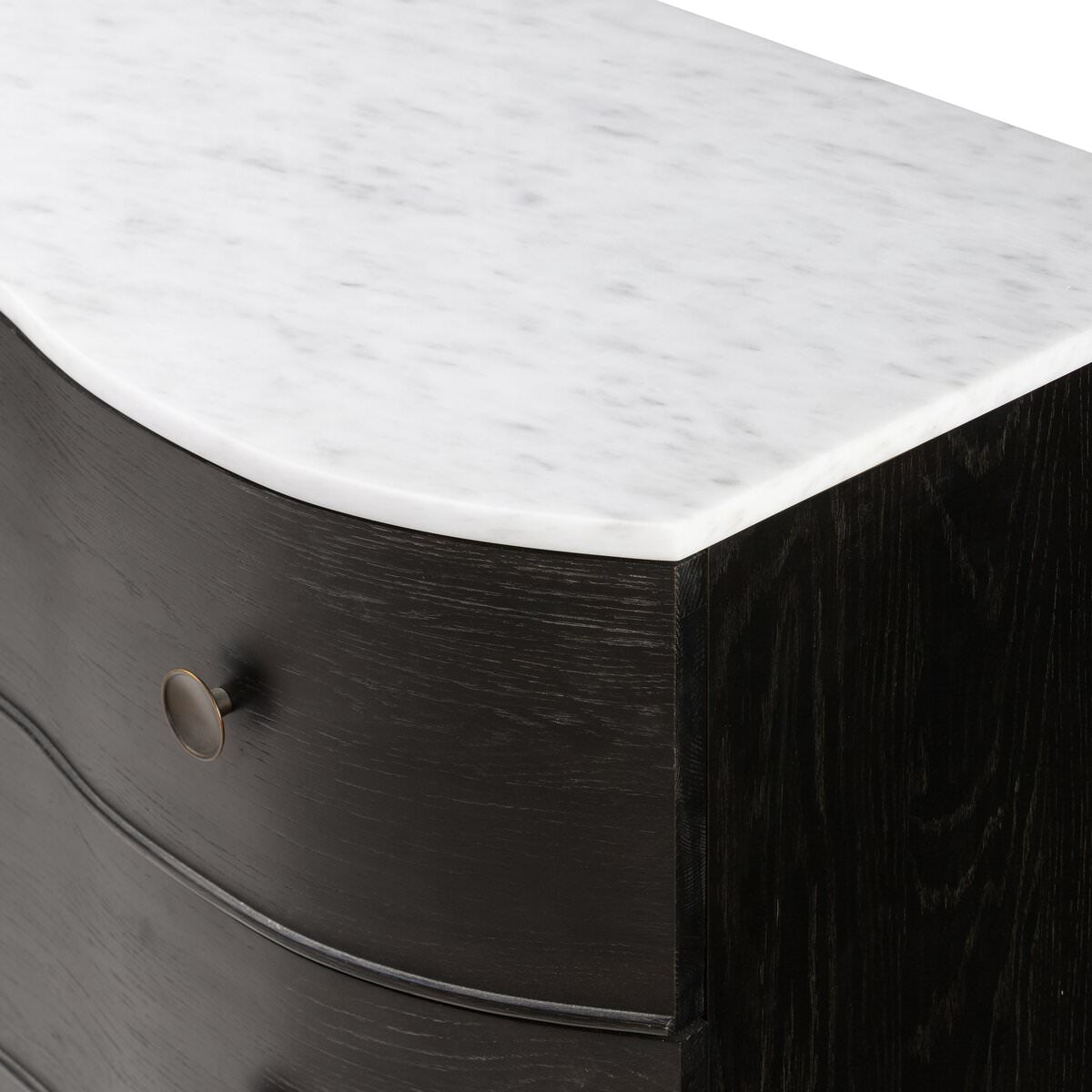 Close up of Four Hands Tiago Marble Chest in Distressed Black on a white background