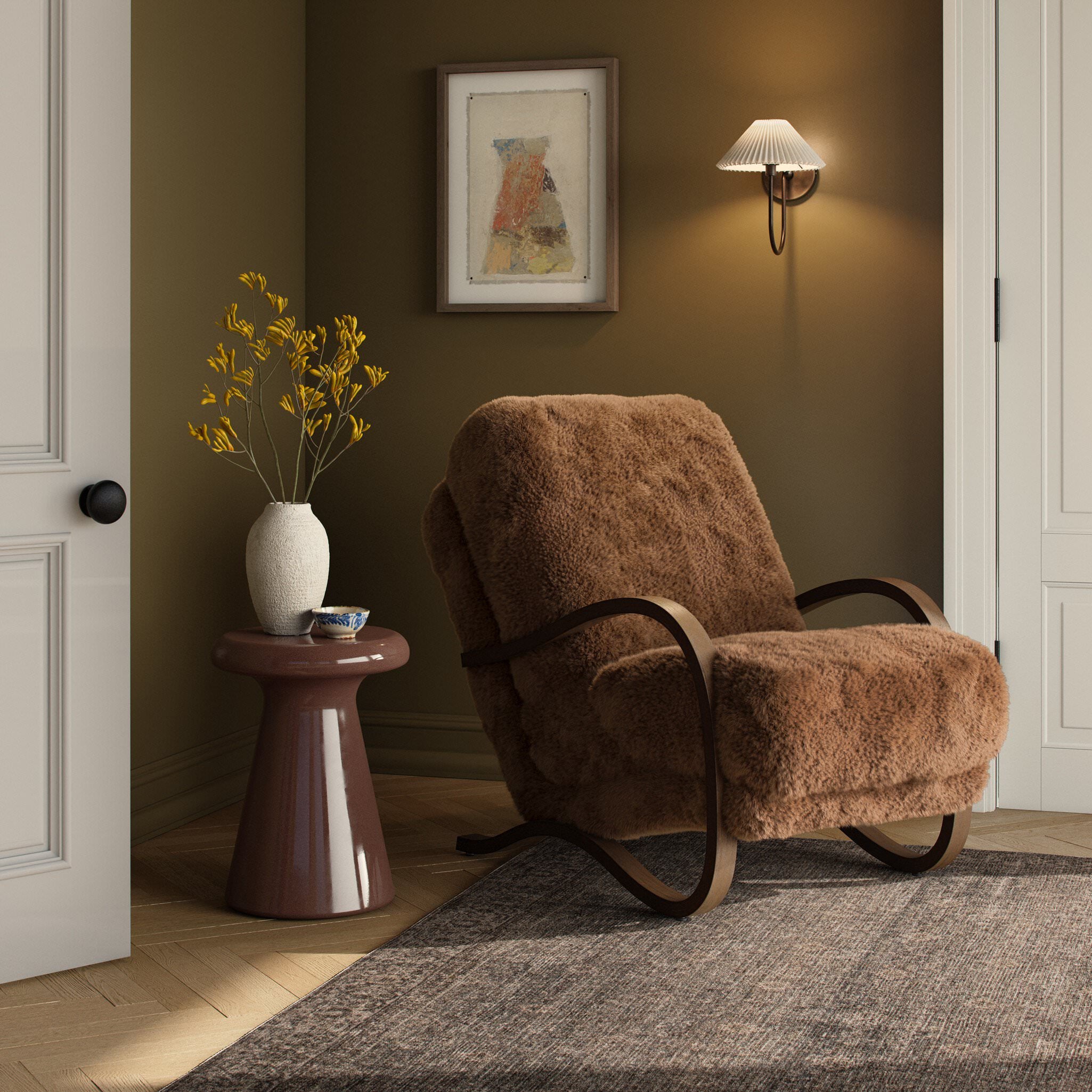 Four Hands Tobin Chair in Amber Sherling in living room at Addison West.