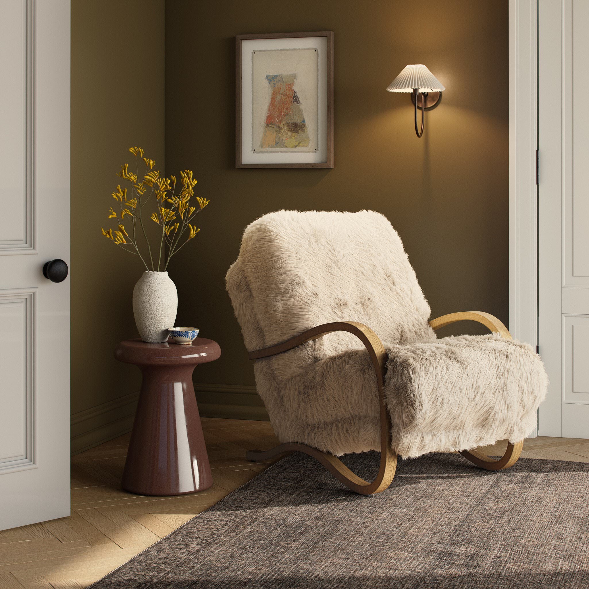 Four Hands Tobin Chair in Champagne Mongolian Fur in living room at Addison West.