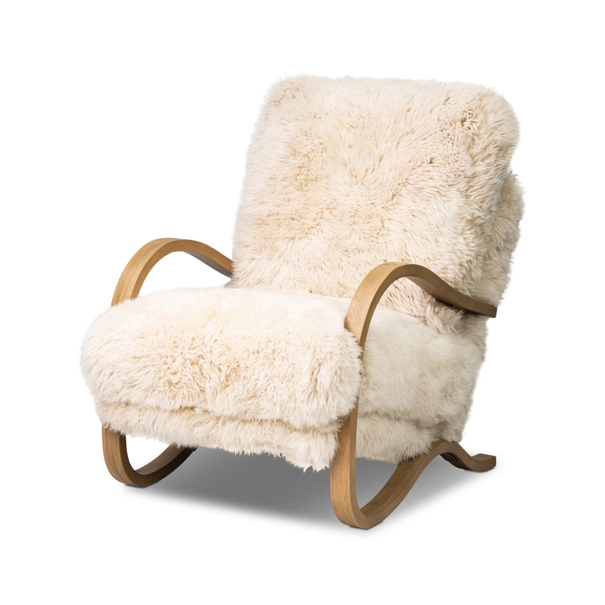 Four Hands Tobin Chair in Champagne Mongolian Fur on white background at Addison West.