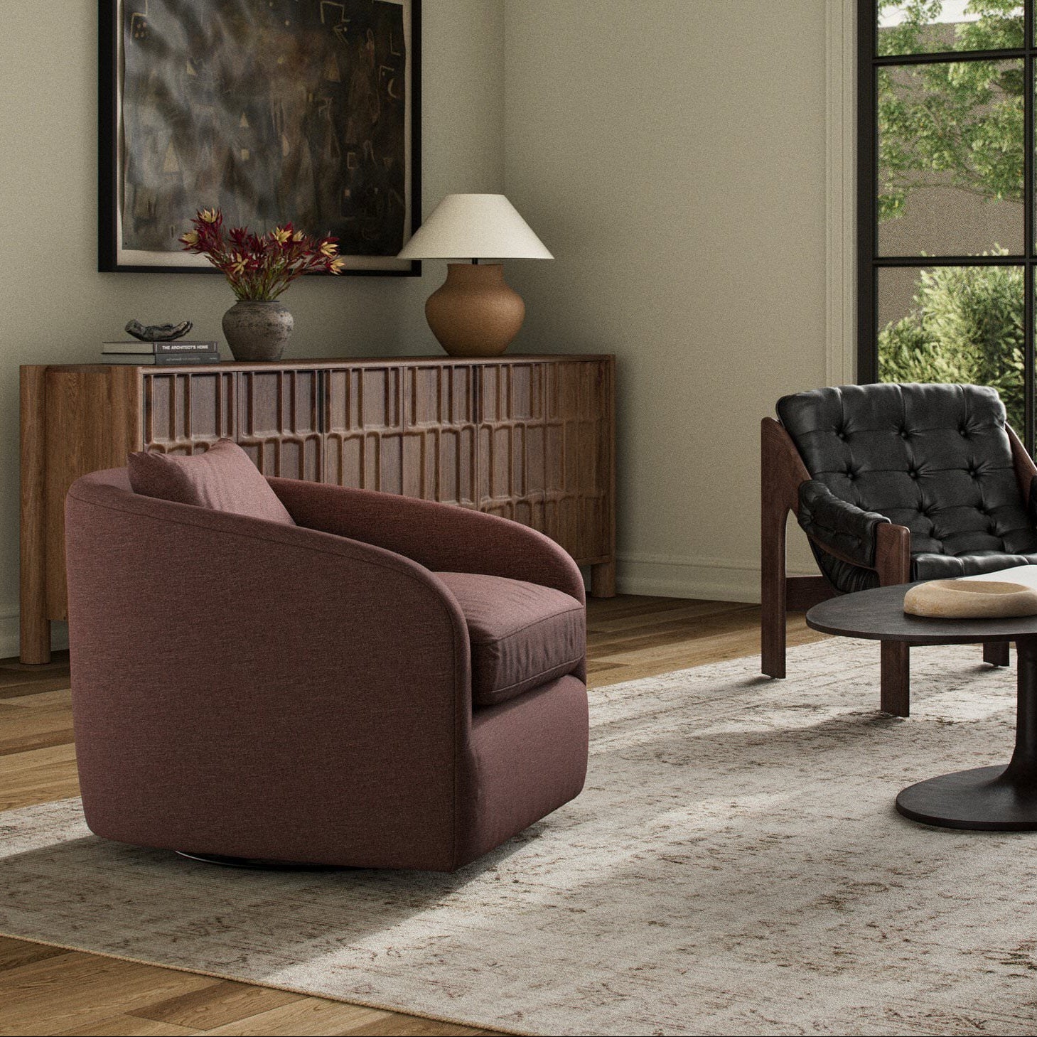 Four Hands Topanga Swivel Chair in Laughlin Plum in a living room at Addison West