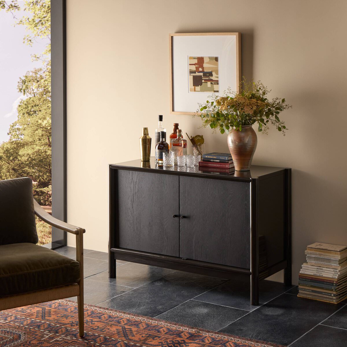 Four Hands Vinco Sideboard in Black Onyx Lacquer in a living room at Addison West