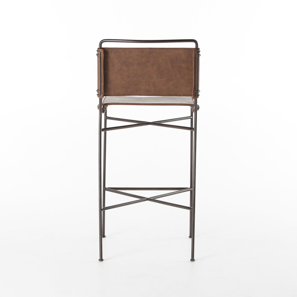 Back of Four Hands Wharton Bar Stool in Distressed Brown on a white background at Addison West