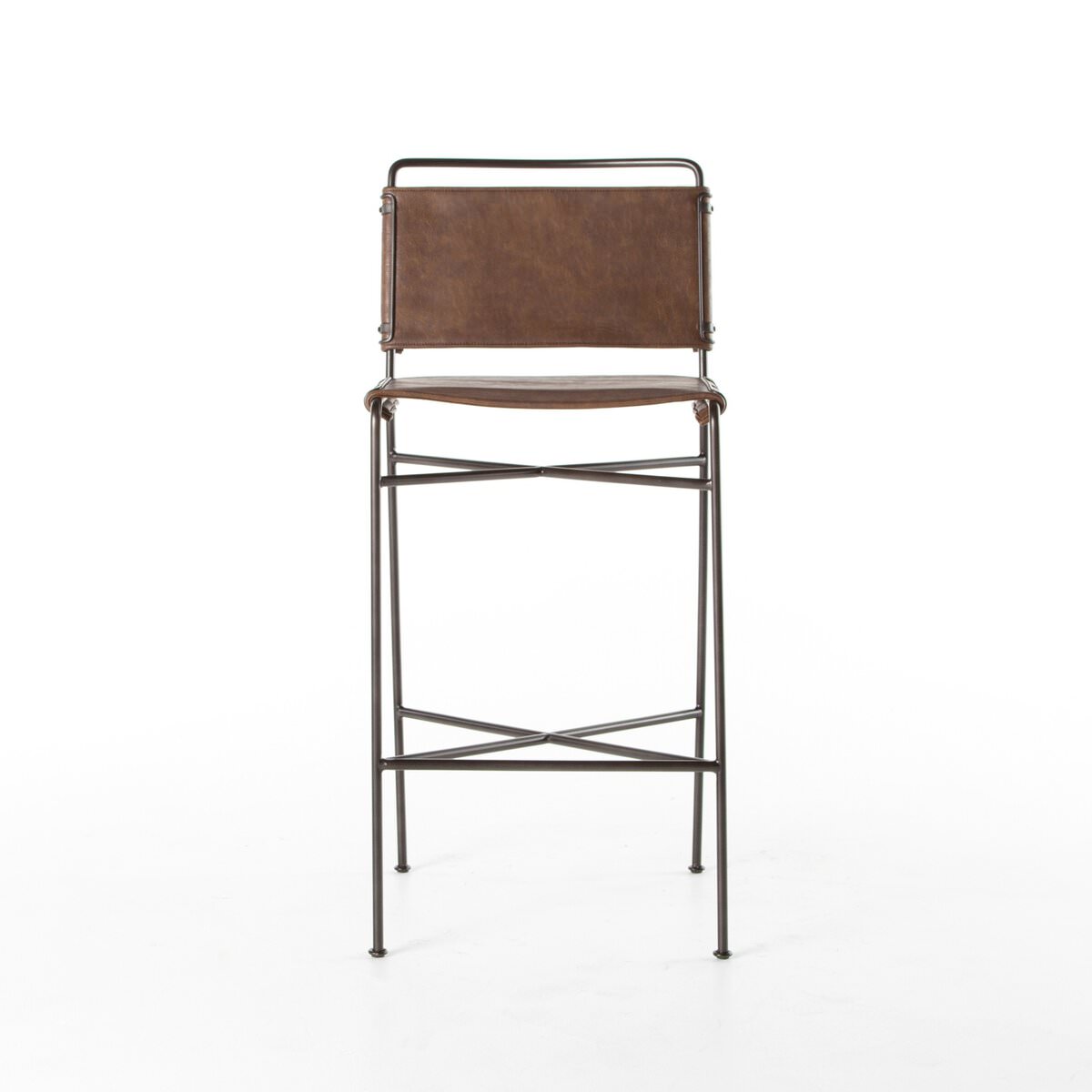 Four Hands Wharton Bar Stool in Distressed Brown on a white background at Addison West