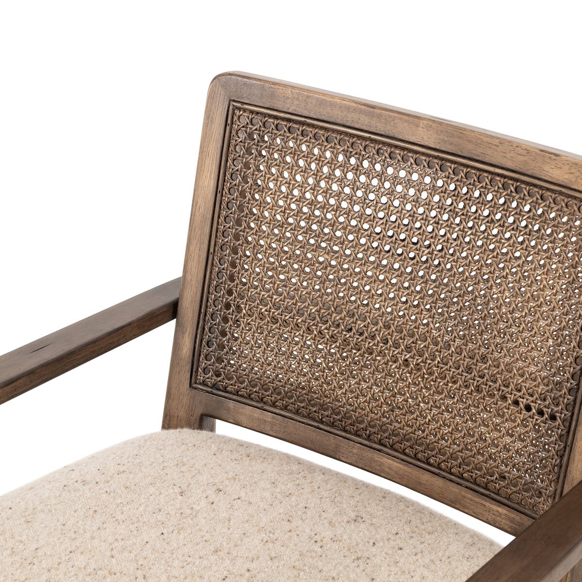 Close up of Four Hands Xavier Dining Armchair in Hasselt Taupe on a white background