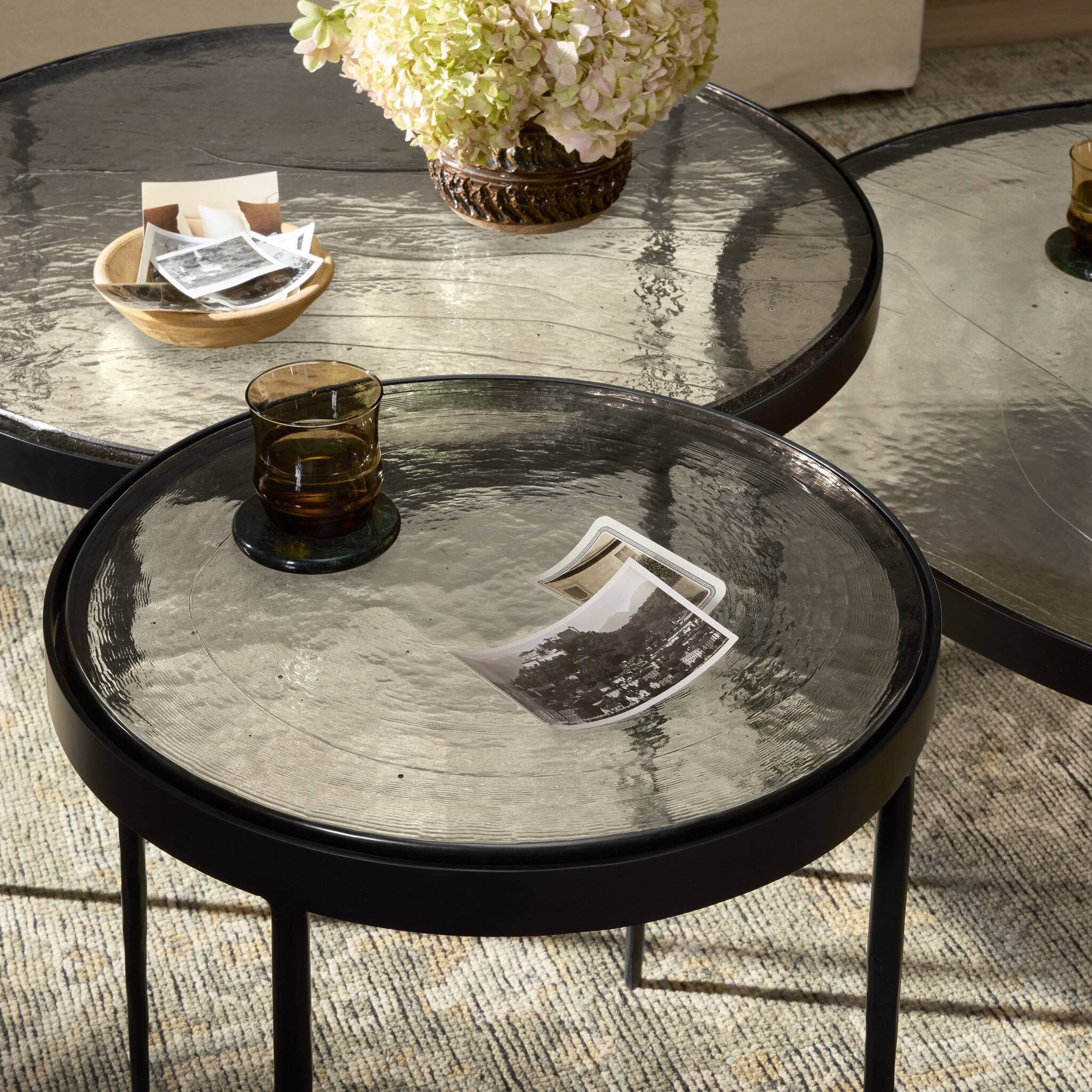 Four Hands Yoko Nesting Tables in Clear Glass, Set Of 3 in living room at Addison West.