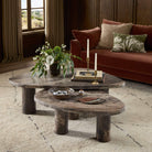 Four Hands Zion Nesting Coffee Tables in Rocky Brown Marble in living room at Addison West.