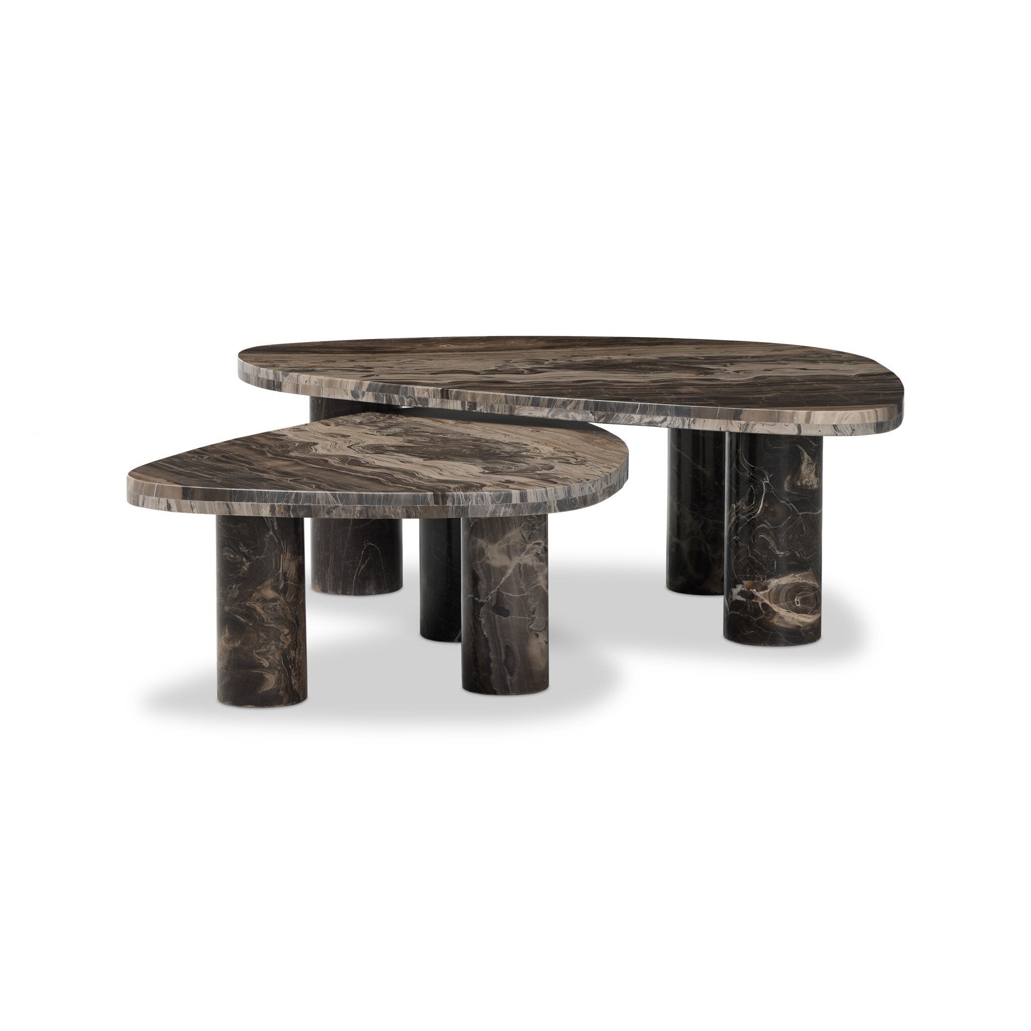 Four Hands Zion Nesting Coffee Tables in Rocky Brown Marble on white background at Addison West.