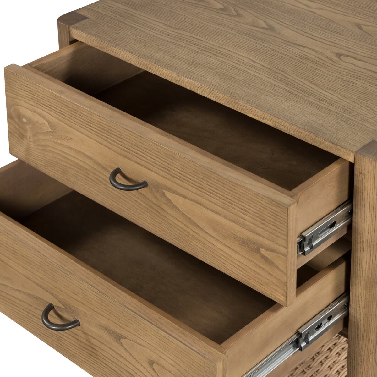 Close up of Four Hands Zuma Nightstand in Dune Ash Veneer on a white background at Addison West