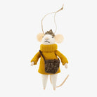 Decorative mouse ornament wearing a yellow sweater and carrying a bag on a white background