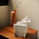 Graf Lantz Merino Wool Tissue Box Cover in Heather White on a table  at Addison West