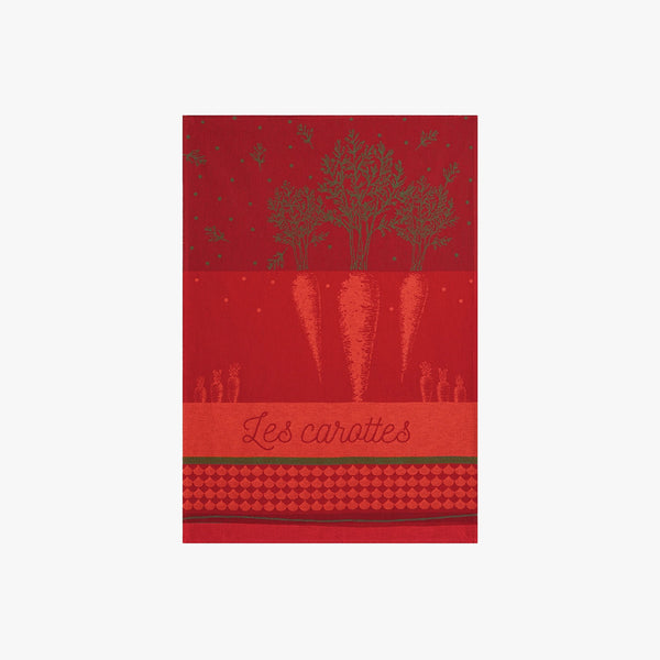 Red and Orange printed French Jacquard Tea Towel with words 'les carottes' on a white background