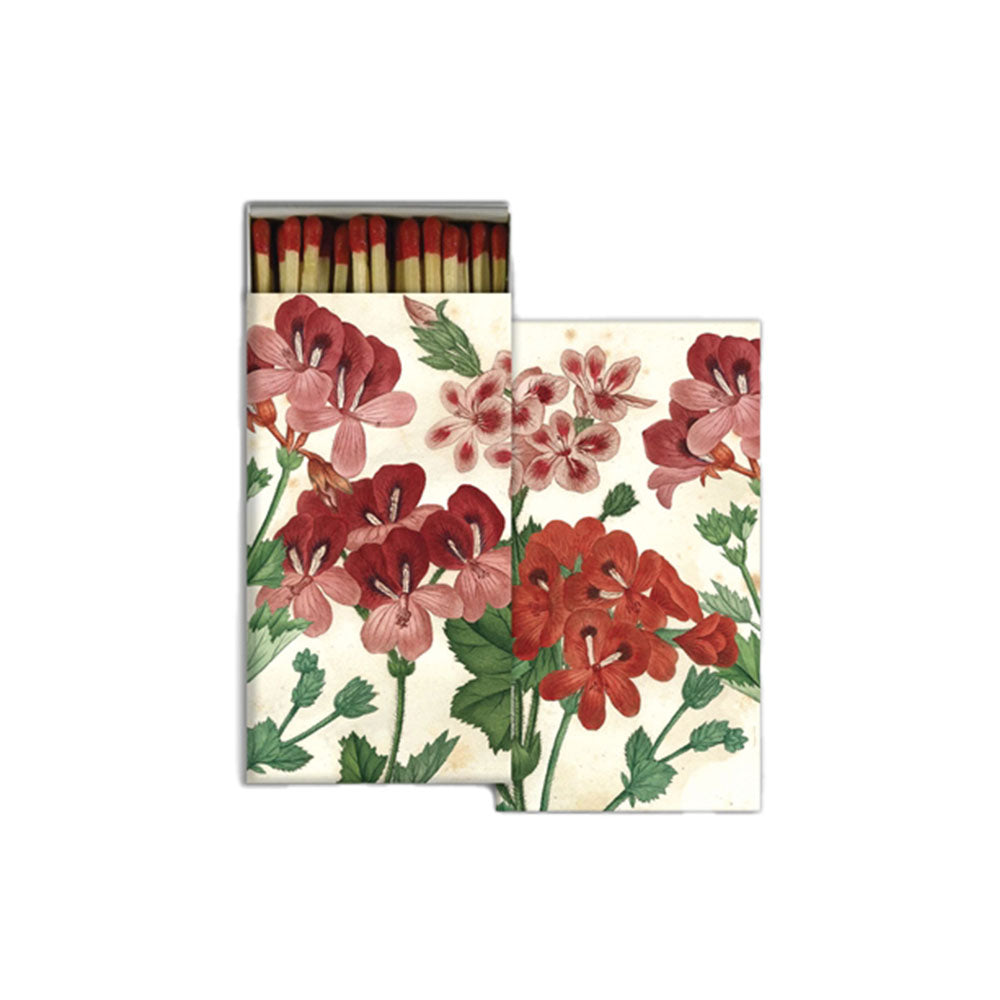 Geranium flowers match box by homart with vintage floral image on a white background