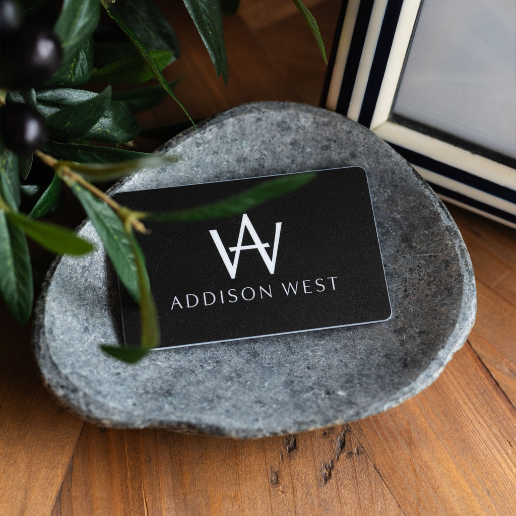 Addison West gift card in a stone bowl for home goods, furniture, kitchen, dining, and Vermont handmade home goods.