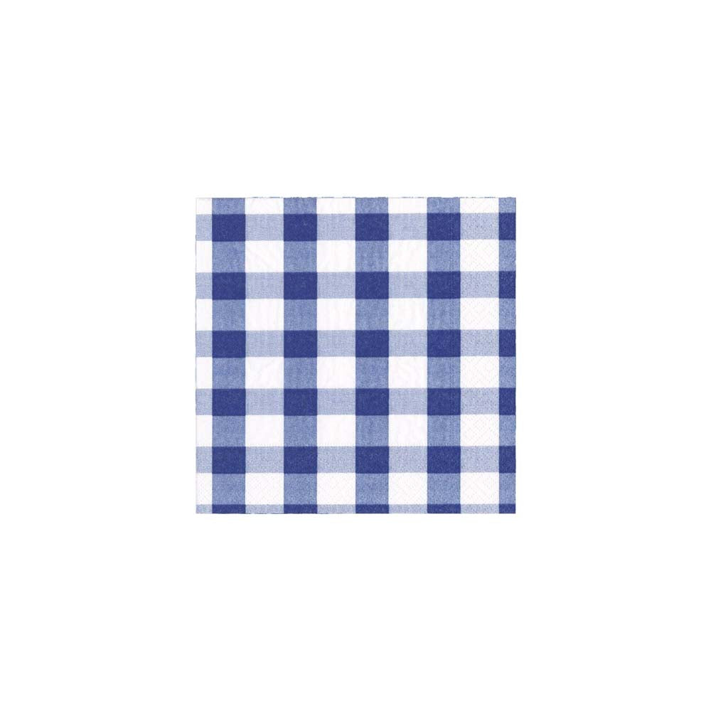 Blue and white gingham plaid cocktail naplins by Caspari on a white background