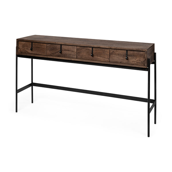 Dark Brown Wood and Black Iron Frame, 4 Drawer Console Table with four drawers on a white background