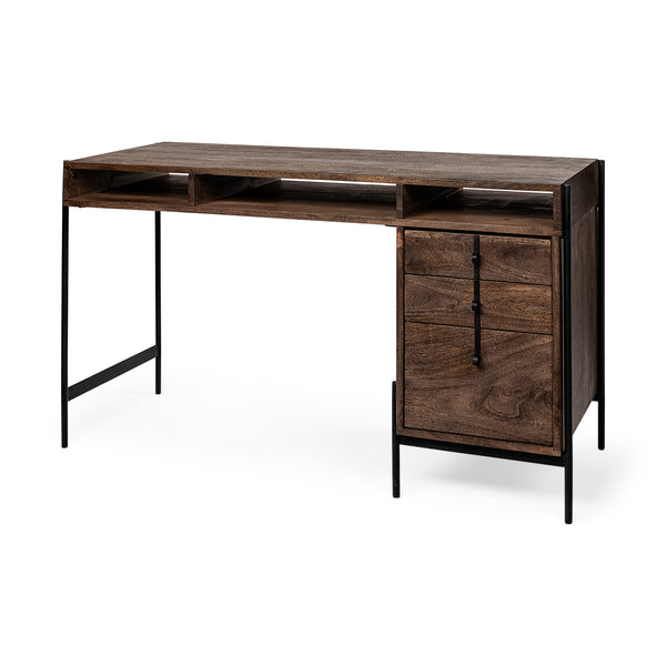 Dark Brown Wood and black iron 3 Drawer Office Desk on a white background