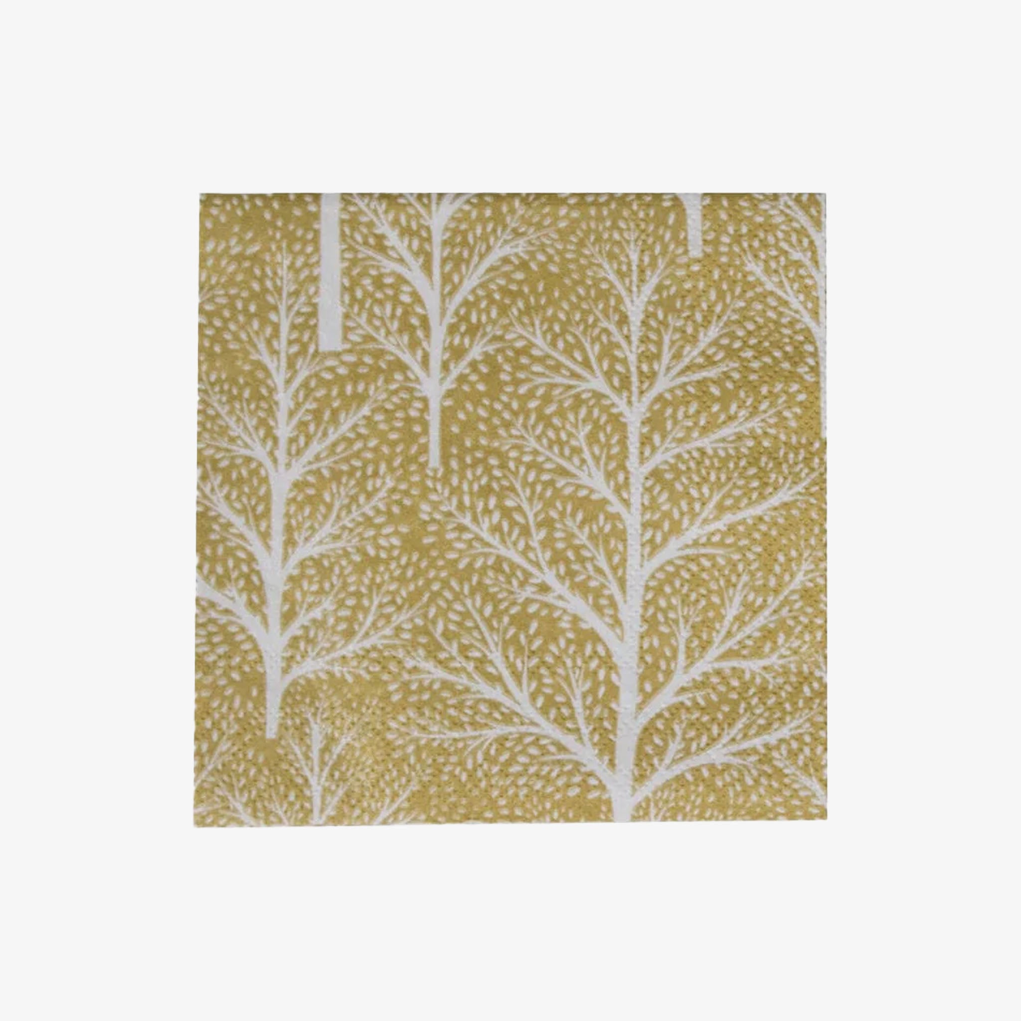 Cocktail napkin with white tree pattern on a gold background